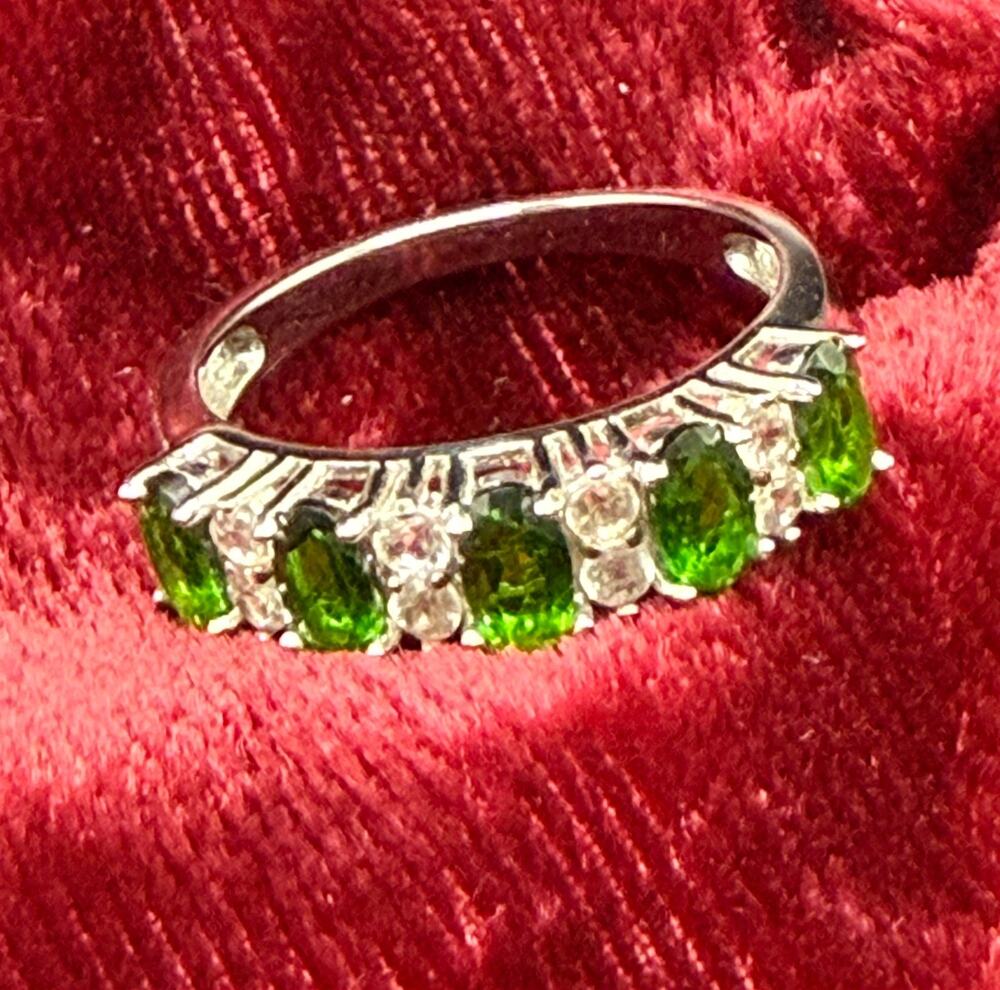 FZN 925 Sterling Silver w Lab Created Emerald White Spinel Ring Size 6.75 Band